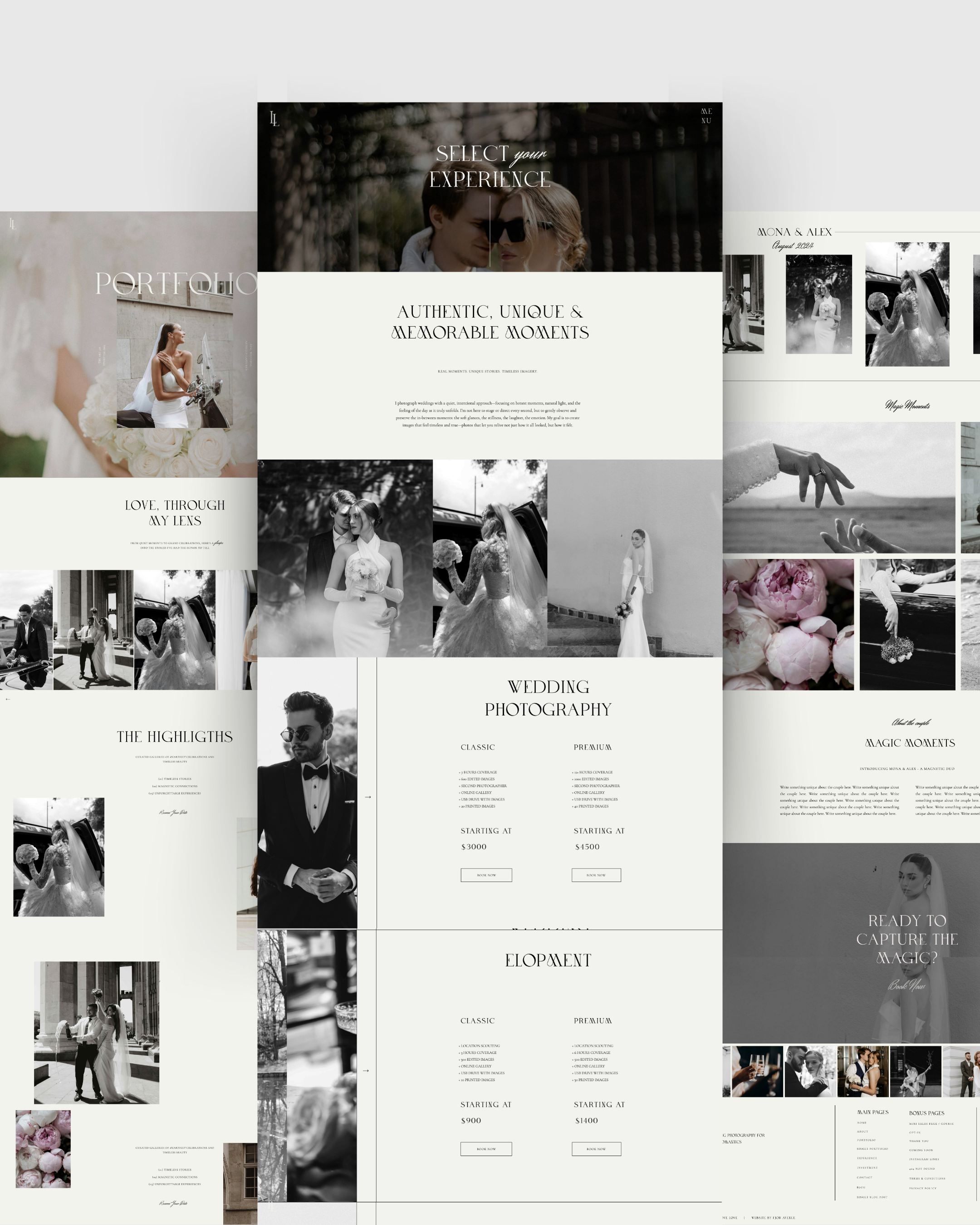 Elegant Showit website templates for photographers with a stunning portfolio layout, about us page, blog and online couse. Showit wedding photography templates