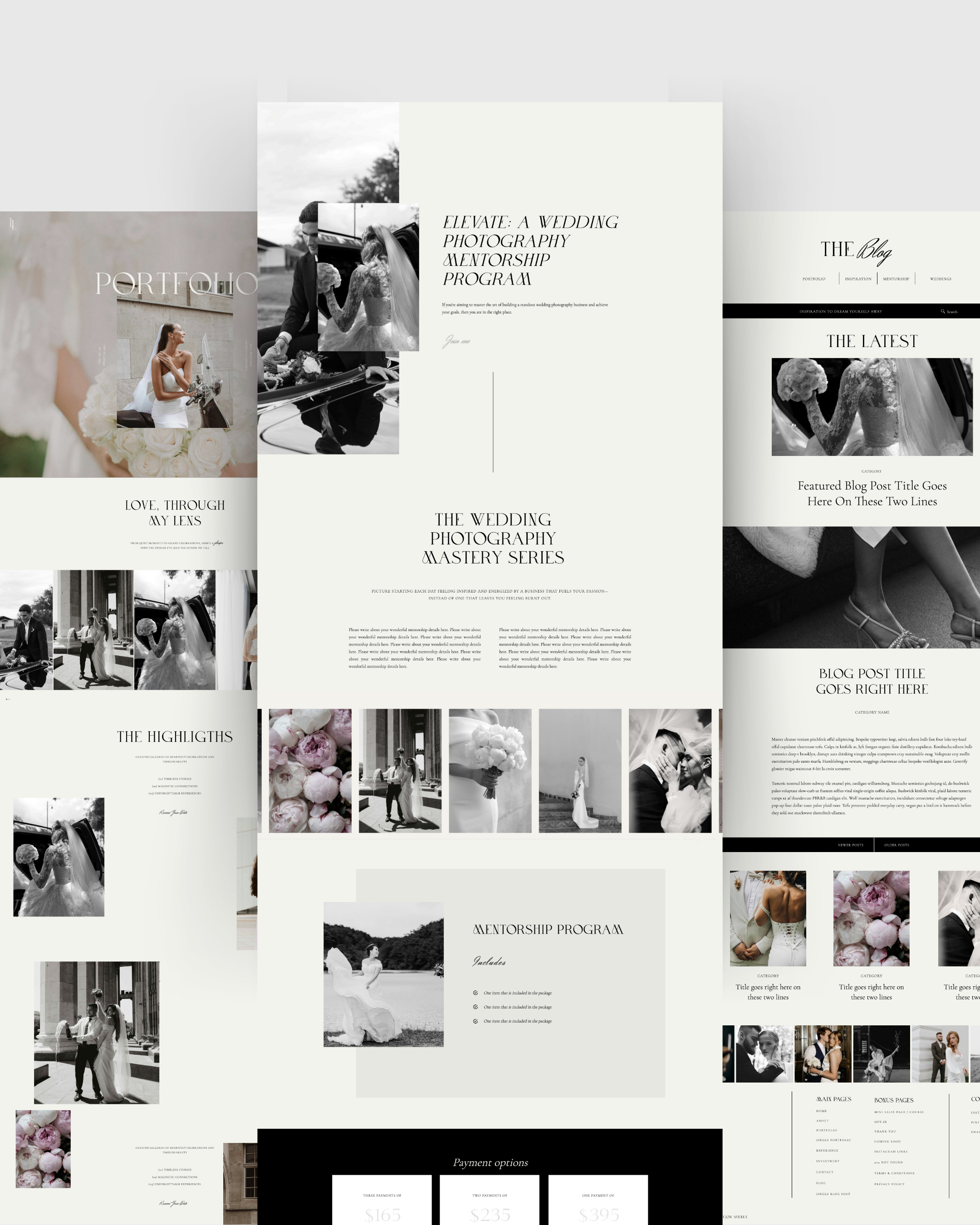 Elegant Showit website templates for photographers with a stunning portfolio layout, about us page, blog and online couse. Showit wedding photography templates