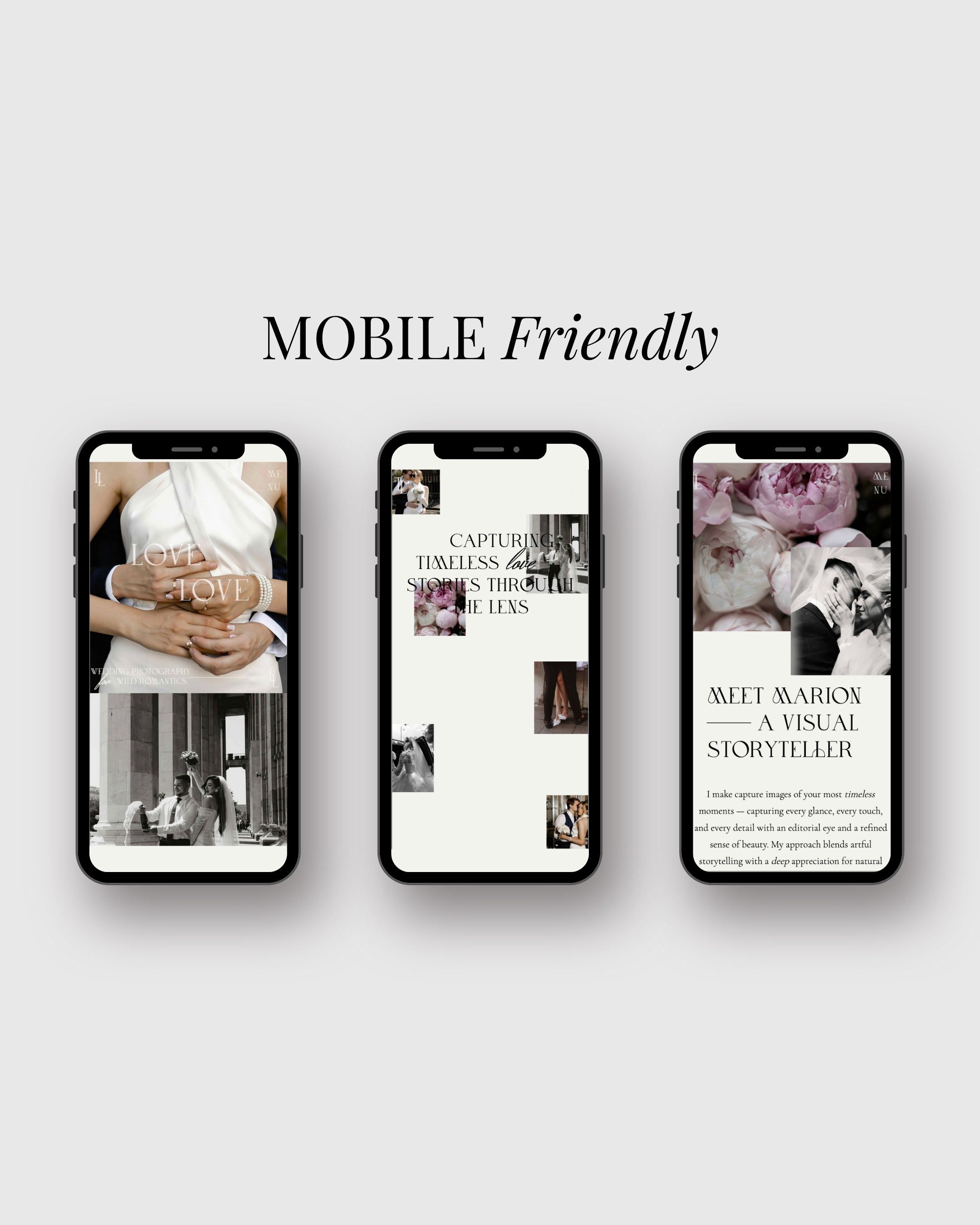 Elegant Showit website templates for photographers with a stunning portfolio layout, about us page, blog and online couse. Showit wedding photography templates